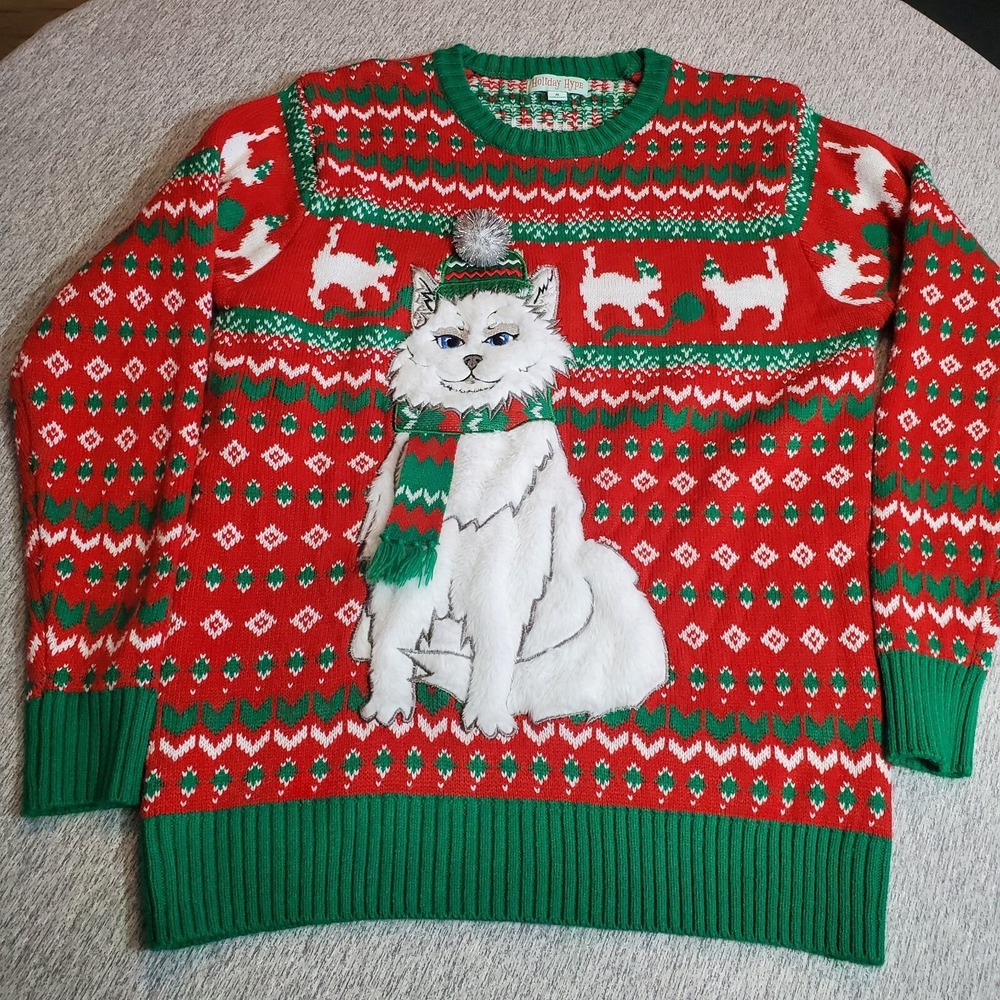 Holiday Hype Men's Sz SMALL White‎ CAT Ugly Christmas Sweater Holiday Winter Red
